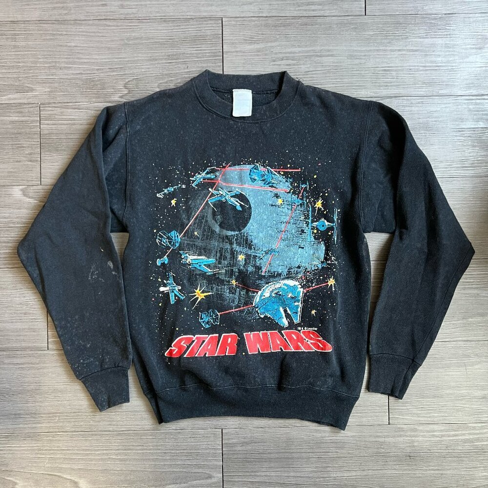Vintage 80s Star Wars Artex Black Crewneck Sweatshirt Death Star Size S